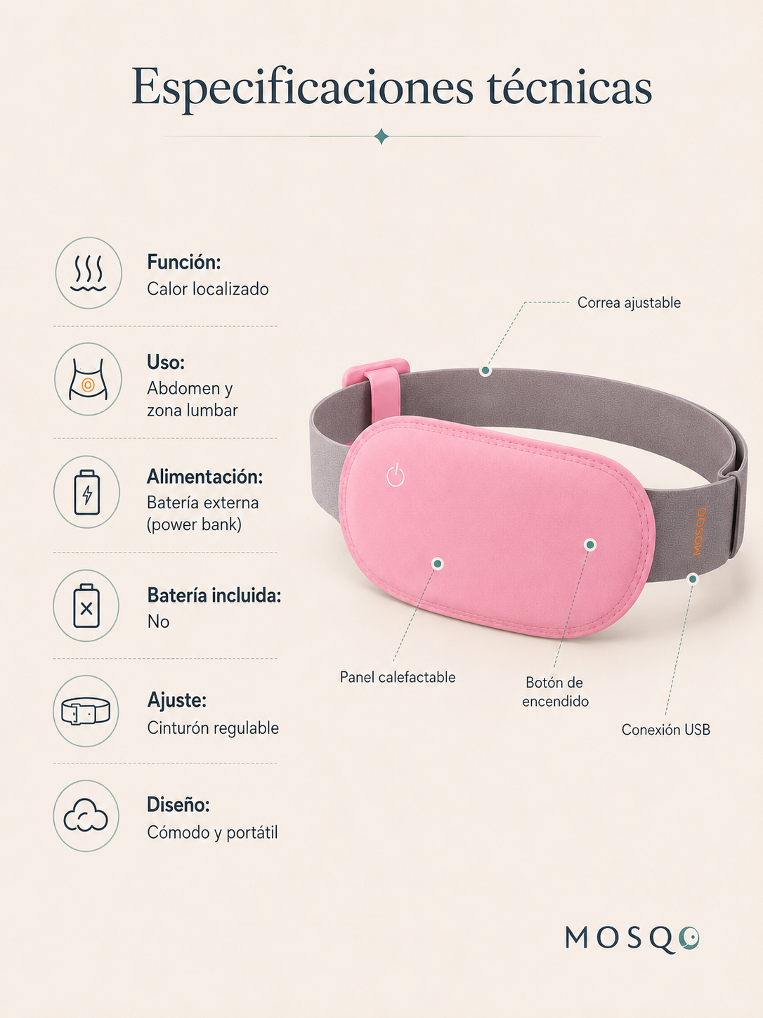 Cinturon calefactado para dolores menstruales y cólicos - MOSQO